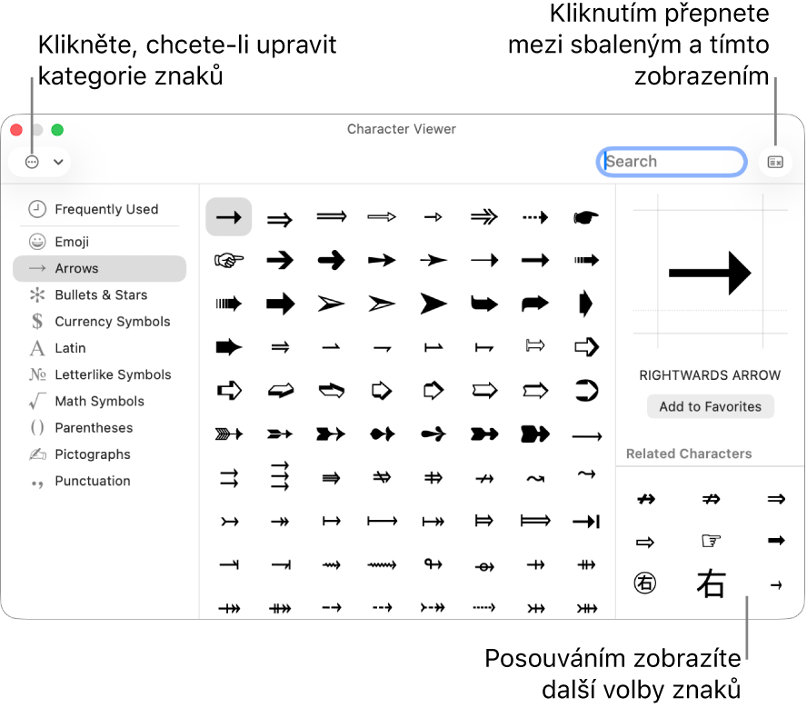 Rozbalený Prohlížeč znaků se zobrazenými speciálními znaky a symboly; nalevo je nabídka různých kategorií symbolů a v pravém horním rohu tlačítko pro přepnutí zpět do sbaleného zobrazení