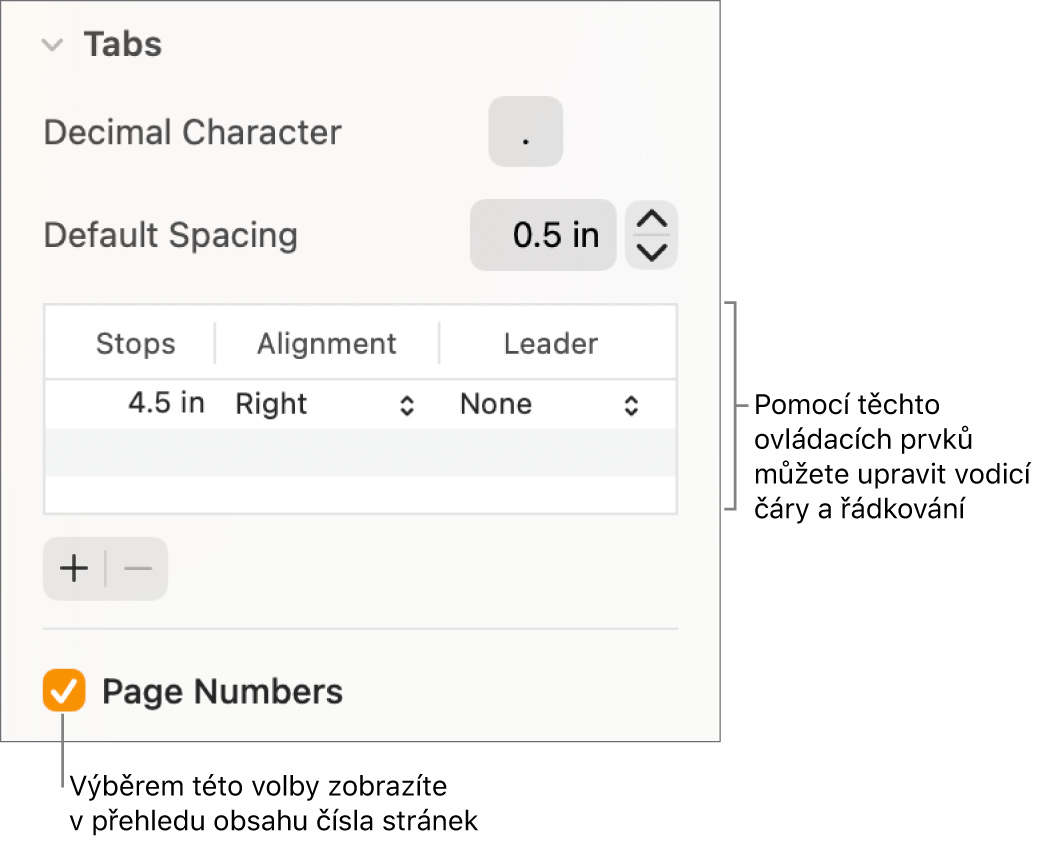 Oddíl Tabulátory na bočním panelu Formát. Pod položkou Výchozí rozestup je vidět tabulka se sloupci Pozice, Zarovnání a Vodicí znak. Pod tabulkou je zobrazeno zaškrtávací políčko Čísla stránek, které je zaškrtnuté
