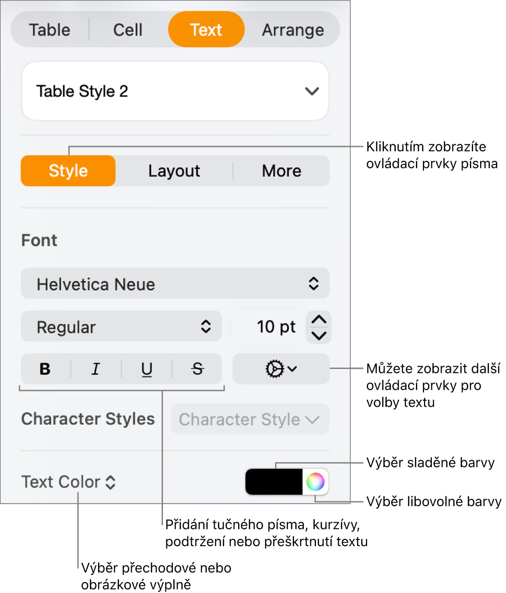 Ovládací prvky pro nastavení stylu textu v tabulce