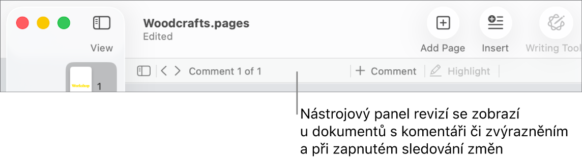 Panel nástrojů Pages podél horního okraje obrazovky s tlačítky Zobrazení, Velikost, Přidat stránku, Přidat, Tabulka, Graf, Text, Tvar, Média a Komentář. Pod panelem nástrojů Pages se nachází panel nástrojů kontroly s tlačítkem pro zobrazení a skrytí komentářů, šipkami pro přechod na předchozí či následující komentář, celkový počet komentářů a tlačítka pro přidání nebo zvýraznění komentáře.