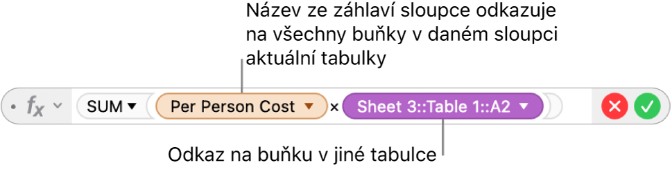 Editor vzorců se vzorcem odkazujícím na sloupec v jedné tabulce a buňku v jiné tabulce