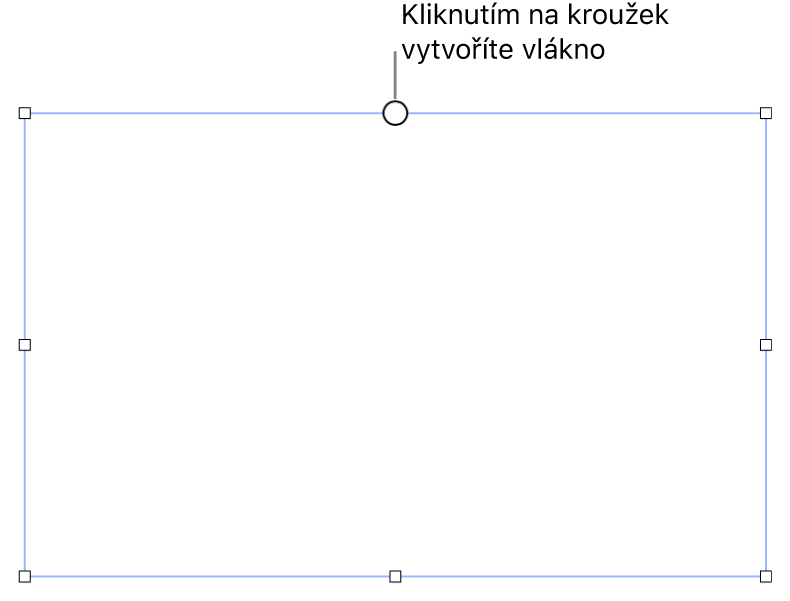 Prázdný textový rámeček s bílým kroužkem v horní části a úchyty pro nastavení velikosti v rozích, na stranách a ve spodní části