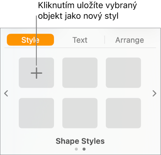 Panel Styl na bočním panelu Formát s tlačítkem Vytvořit styl v levém horním rohu a pěti prázdnými maketami stylu
