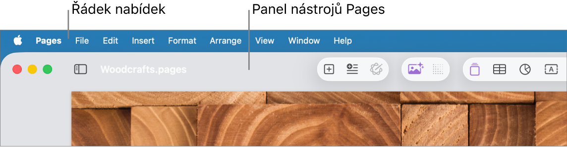 Řádek nabídek u horního okraje obrazovky s nabídkami Apple, Pages, Soubor, Upravit, Přidat, Formát, Rozložení, Zobrazení, Sdílení, Okno a Nápověda. Pod řádkem nabídek je otevřený dokument Pages, v horní části je panel nástrojů s tlačítky Zobrazení, Velikost, Přidat stránku, Přidat, Tabulka, Graf, Text, Tvar, Média a Komentář.