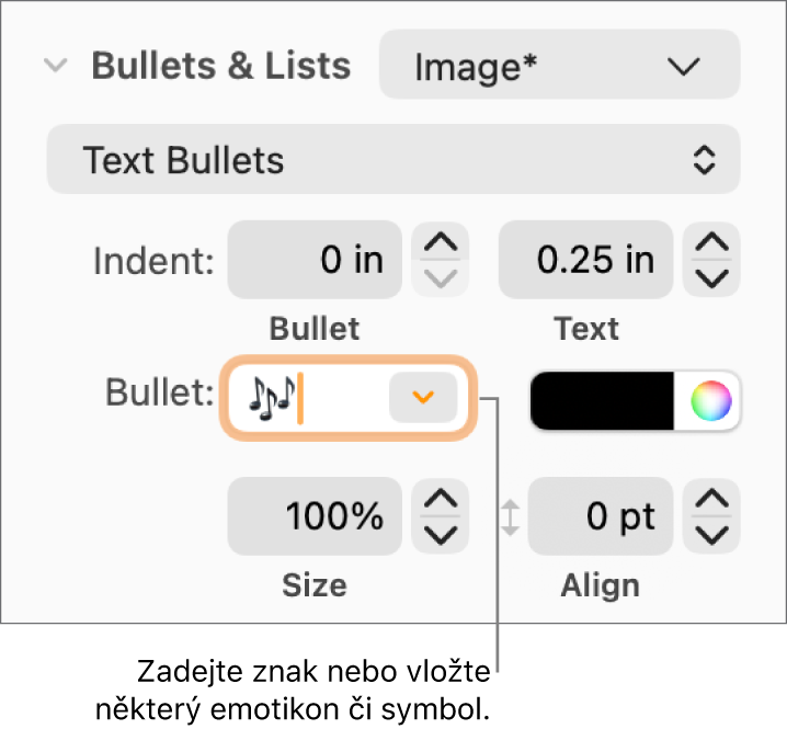 Oddíl Odrážky a seznamy na bočním panelu Formát. V poli Odrážka je vidět emotikon květiny