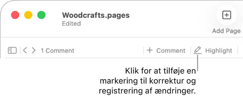 Menulinjen med Indsætmenuen og under den værktøjslinjen i Pages med korrekturværktøjer og en billedforklaring til knappen Marker.