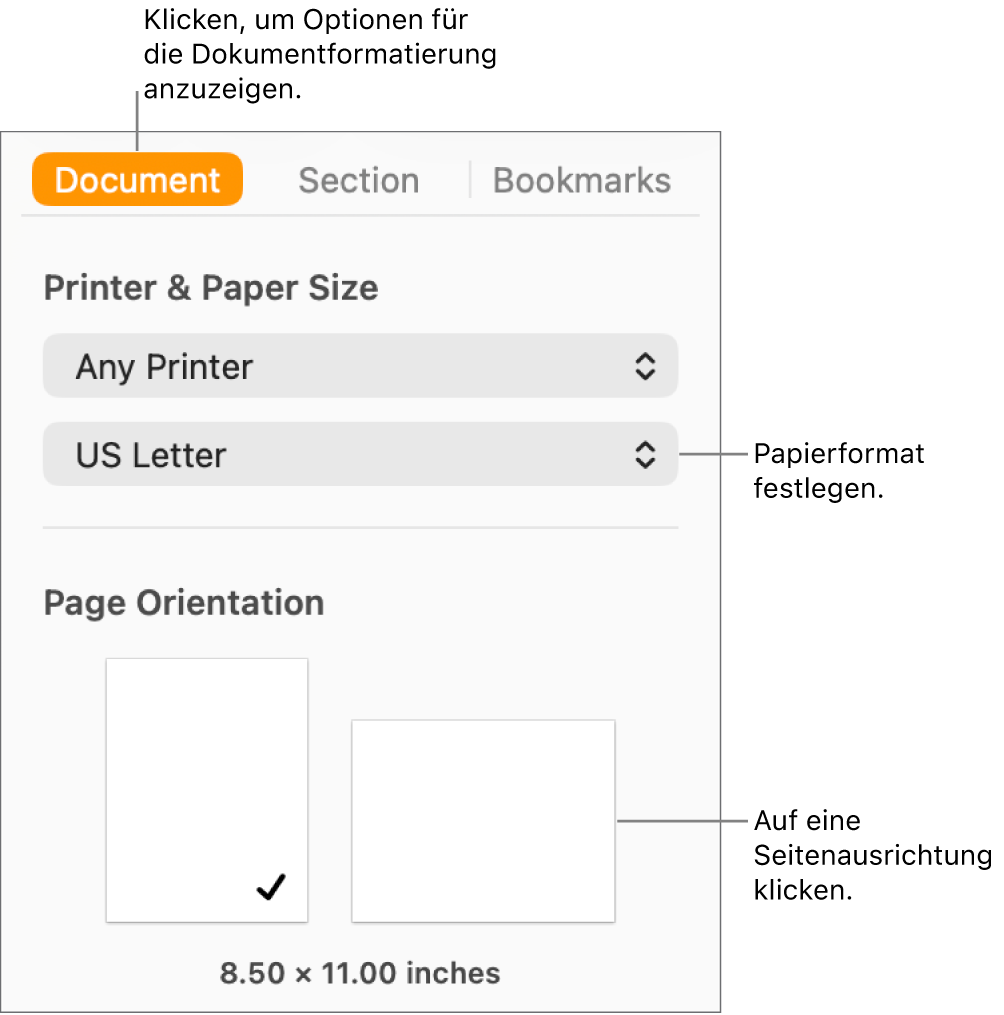 Oben in der Seitenleiste „Dokument“ ist der Tab „Dokument“ ausgewählt. In der Seitenleiste befinden sich ein Einblendmenü, das auf das Papierformat eingestellt ist, und Tasten für die Seitenausrichtung im Hochformat und Querformat.