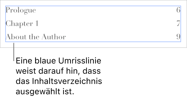 Ein in ein Dokument eingefügtes Inhaltsverzeichnis. Die Einträge umfassen die Überschriften und die Seitenzahlen.