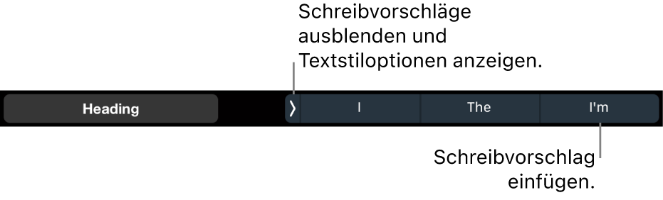Die Touch Bar des MacBook Pro mit den Steuerelementen zum Festlegen des Textstils, zum Ausblenden der Wortvorschläge und zum Einfügen vorgeschlagener Wörter.