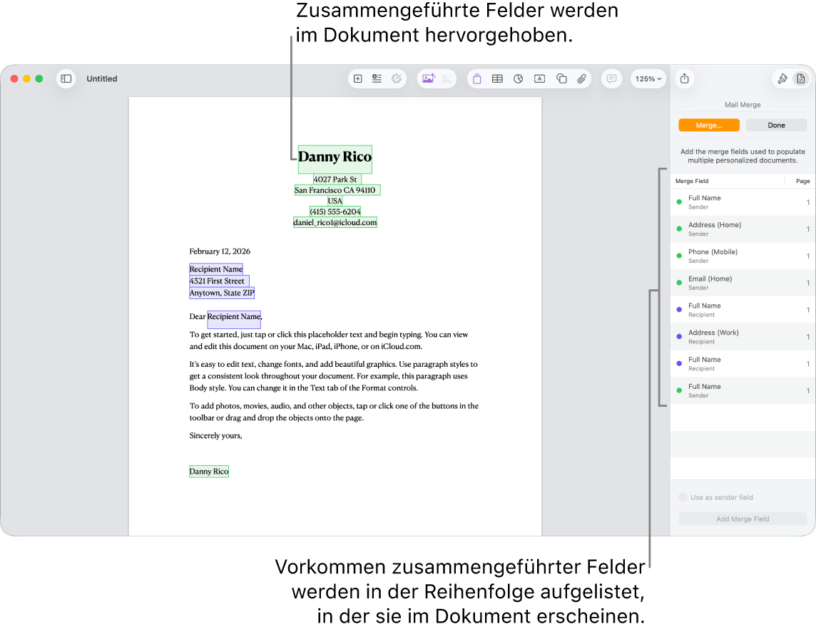 Pages-Dokument mit Serienbrieffeldern für Absender und Empfänger sowie der Liste der Serienbrieffeld-Instanzen in der Seitenleiste „Dokument“.
