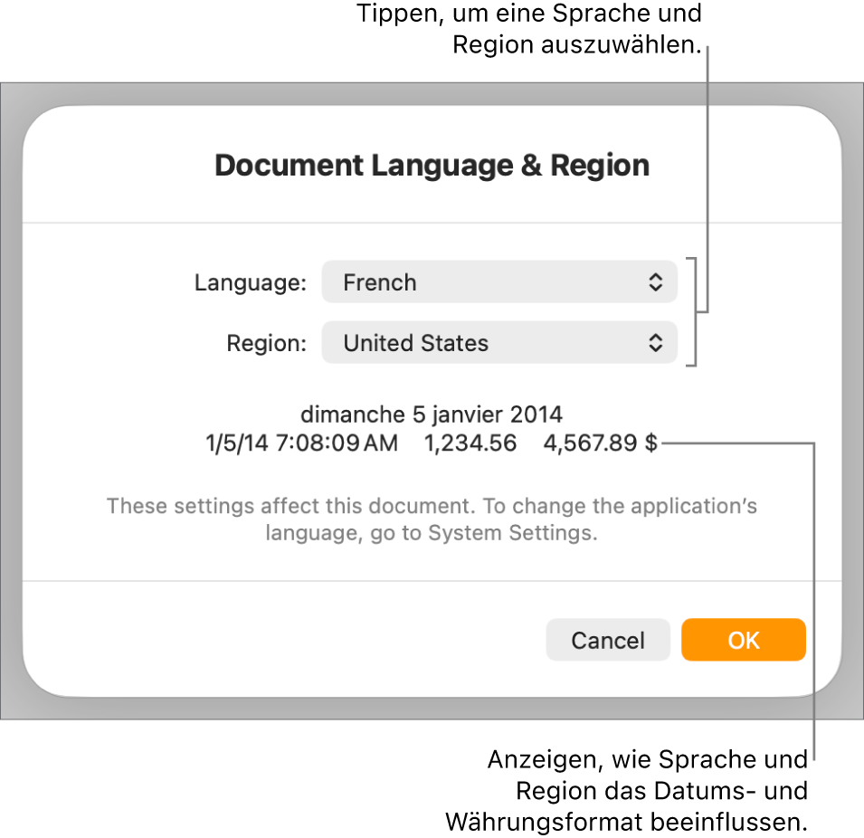Das Fenster „Sprache & Region“ mit Einblendmenüs für Sprache und Region sowie einem Formatierungsbeispiel für Datum, Uhrzeit, Dezimalstellen und Währung.