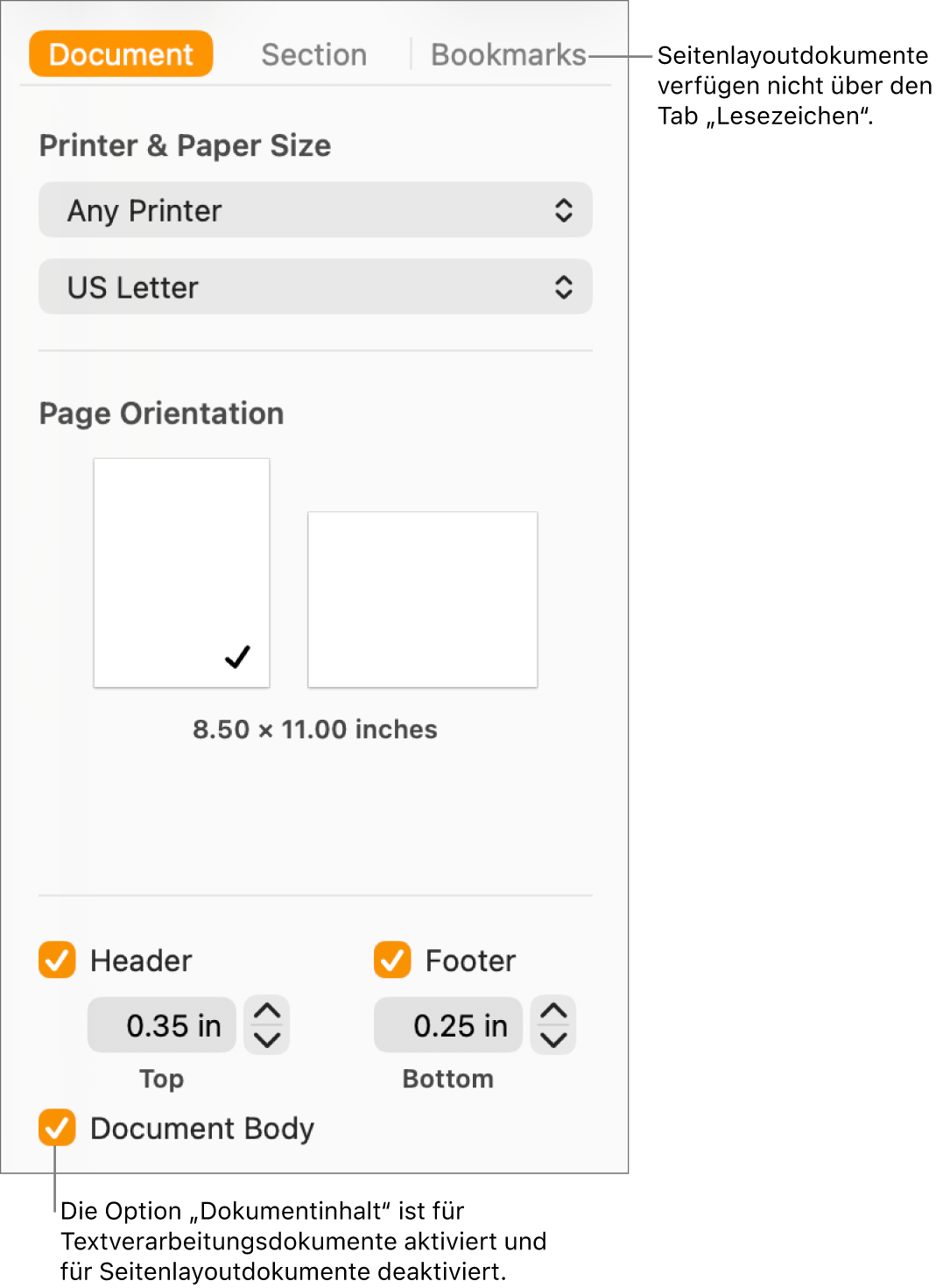 Die Seitenleiste „Format“ mit den Tabs „Dokument“, „Abschnitt“ und „Lesezeichen“ oben. Der Tab „Dokument“ ist ausgewählt und eine Beschreibung zum Tab „Lesezeichen“ sagt, dass Seitenlayoutdokumente über keinen Tab „Lesezeichen“ verfügen. Das Feld „Dokumentinhalt“ ist markiert, was auch darauf hinweist, dass es sich um ein Textverarbeitungsdokument handelt.