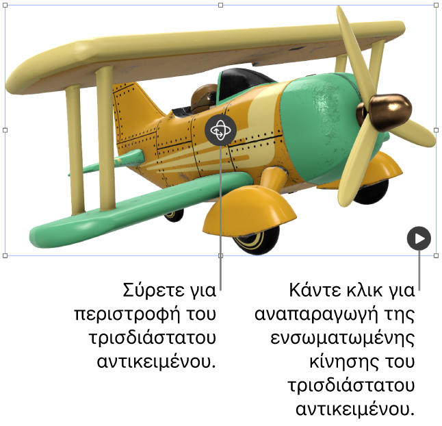 Ένα τρισδιάστατο αντικείμενο με το κουμπί «Περιστροφή» στη μέση του αντικειμένου, και το κουμπί «Αναπαραγωγή» στην κάτω δεξιά γωνία.