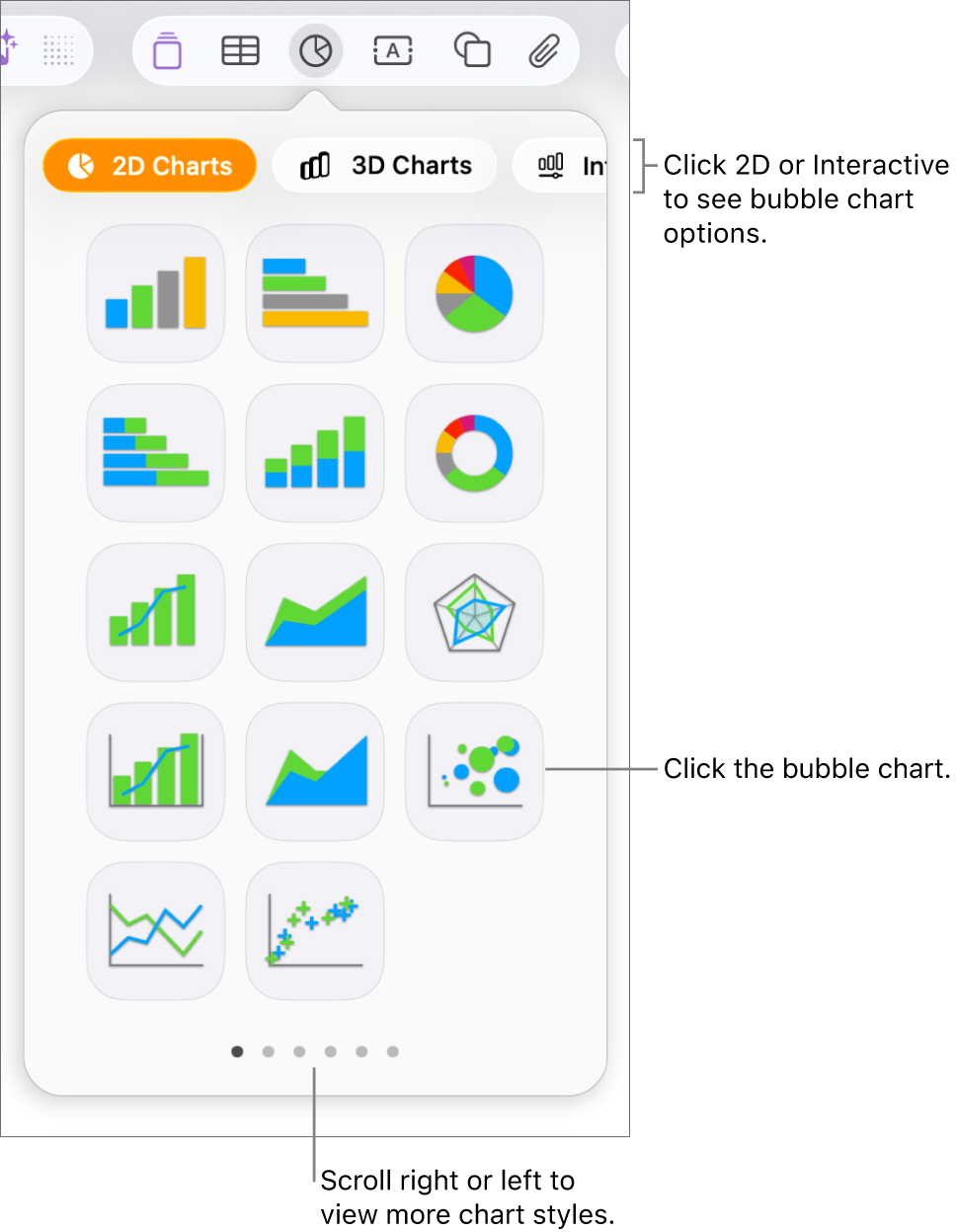 Add graph menu showing interactive graphs, calling out a bubble chart option.