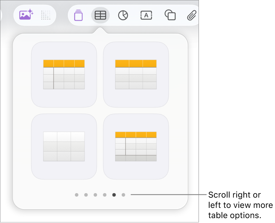 The Add Table menu with navigation arrows.