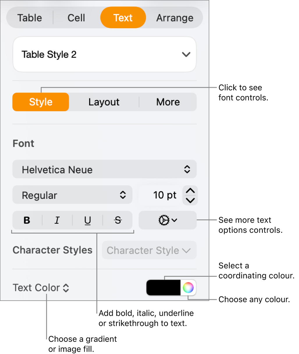 The controls for styling table text.