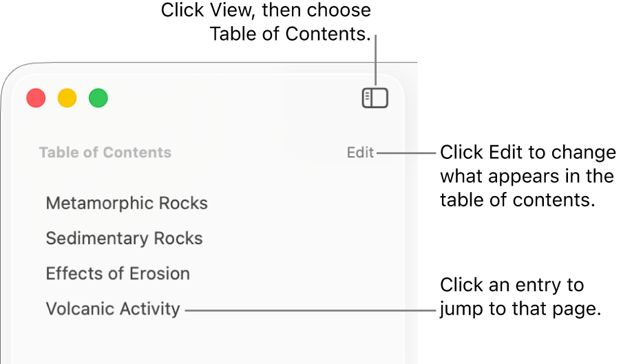 The table of contents on the left side of the Pages window, with an Edit button in the top-right corner of the sidebar and table of contents entries in a list.