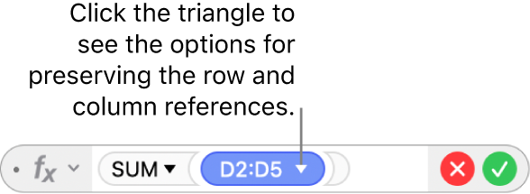 The Formula Editor with a triangle that you click to open options for preserving the row and column references.