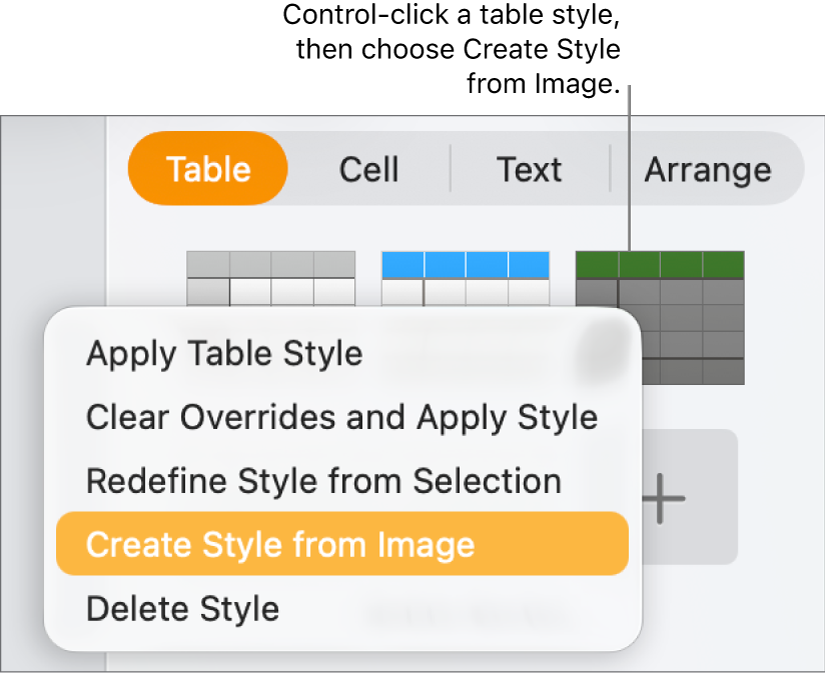 The table style shortcut menu.