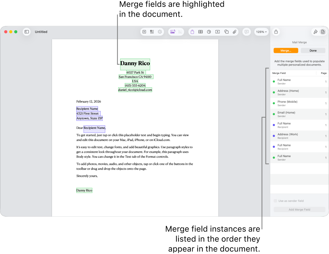Pages document with recipient and sender merge fields, and the merge field instances list visible in the Document sidebar.
