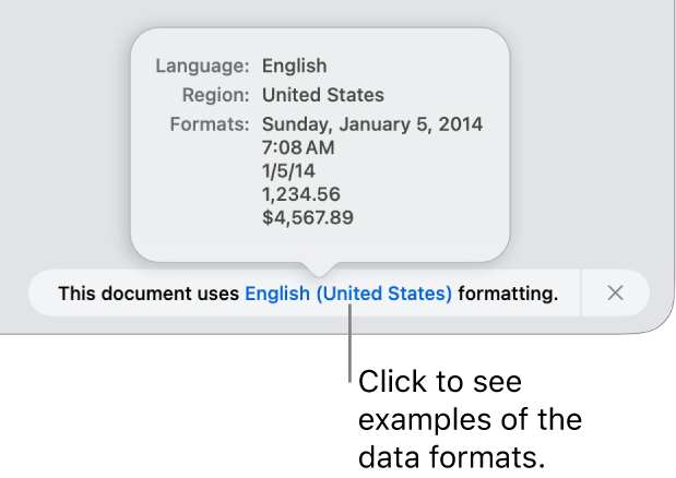 The notification of the different language and region setting, showing examples of the formatting in that language and region.