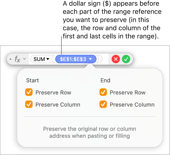 The Formula Editor showing Preserve Row and Preserve Column options selected for a certain range.