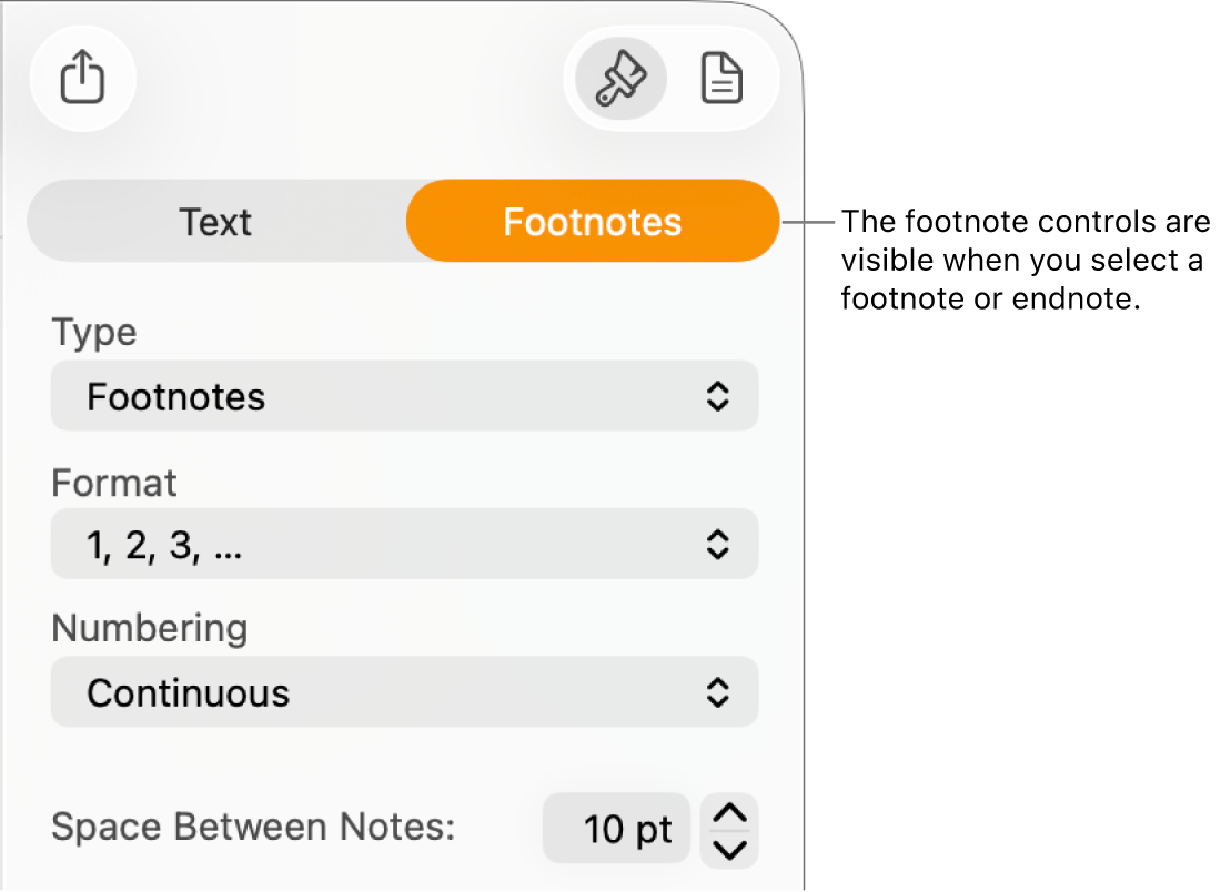 The Footnotes pane showing pop-up menus for Type, Format, Numbering and space between notes.