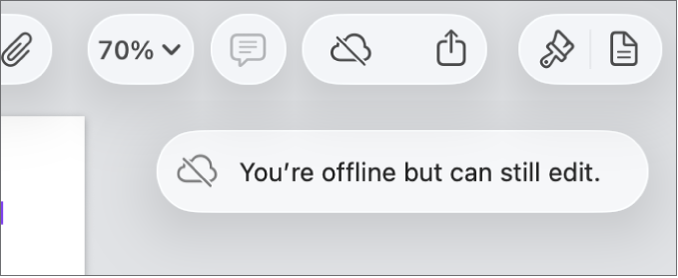 The buttons at the top of the screen, with the Collaboration button changed to a cloud with a diagonal line through it. An alert on the screen says “You’re offline but can still edit”.