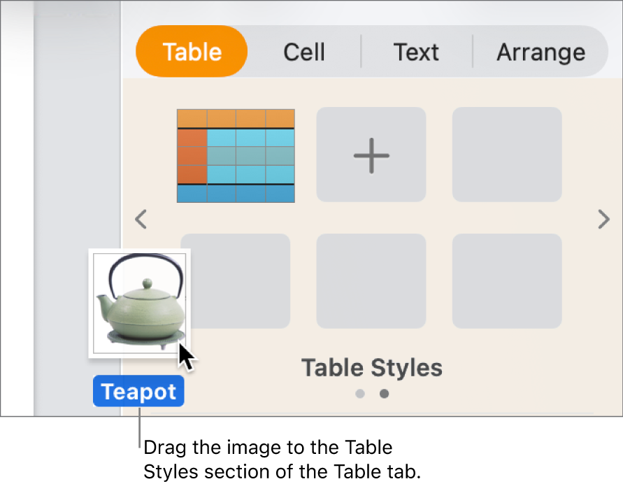 Dragging an image into the table styles pane to create a new style.