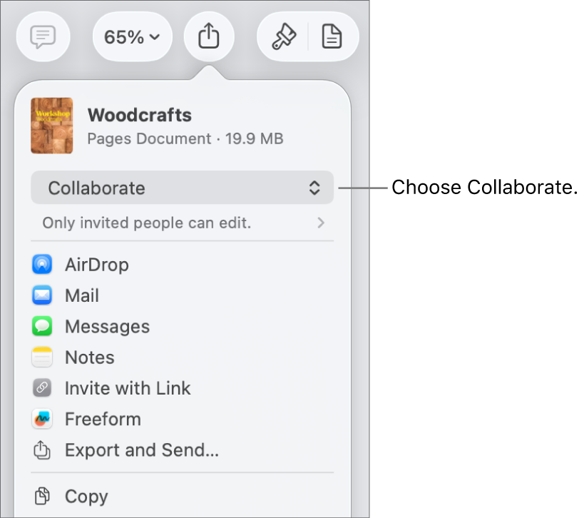 The Share menu with Collaborate selected at the top, and access and permission settings underneath.