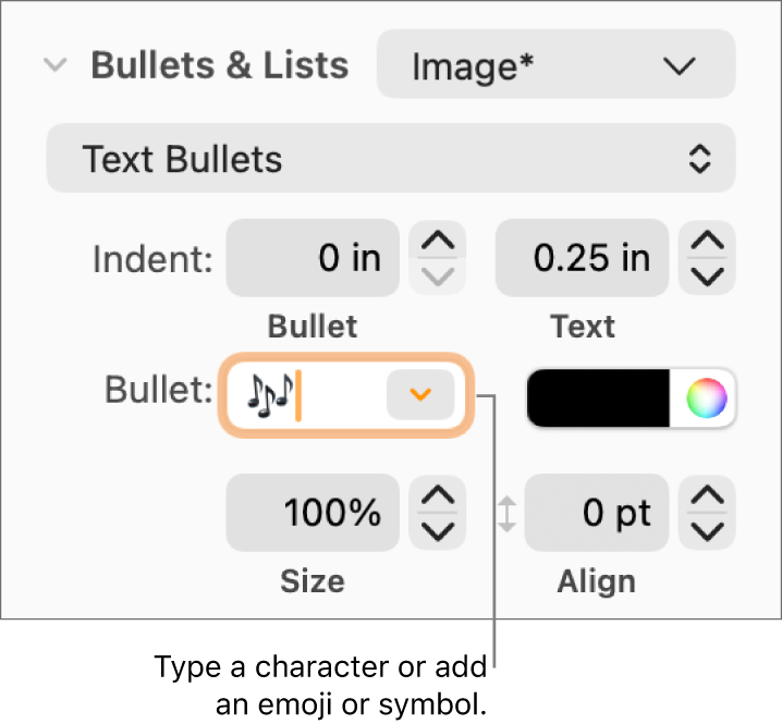The Bullets & Lists section of the Format sidebar. The Bullet field shows a flower emoji.