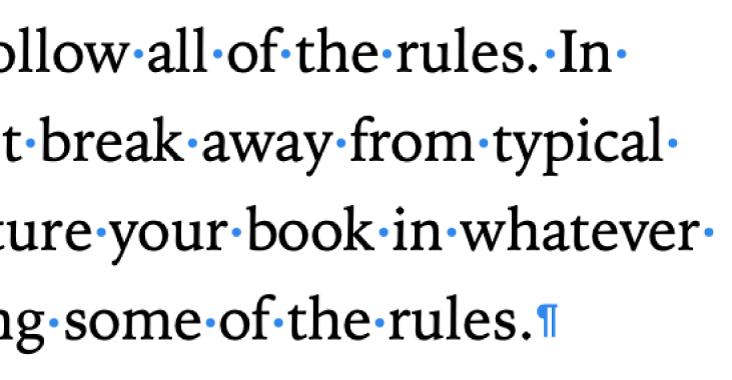 Text showing symbols for spaces, paragraph break and section break.