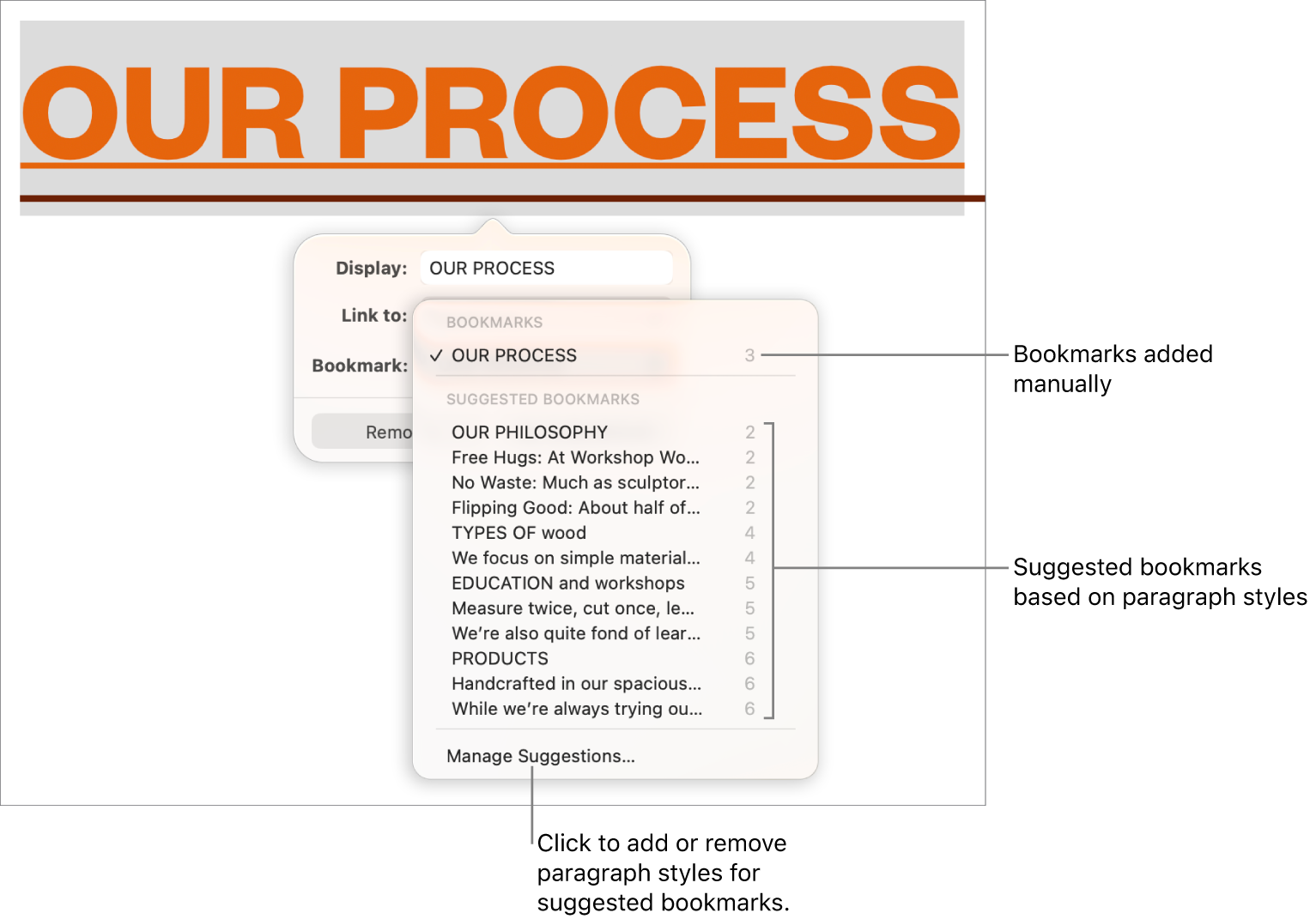 The bookmark list with manually added bookmarks at the top and suggested bookmarks below. The Manage Suggestions option is at the bottom.