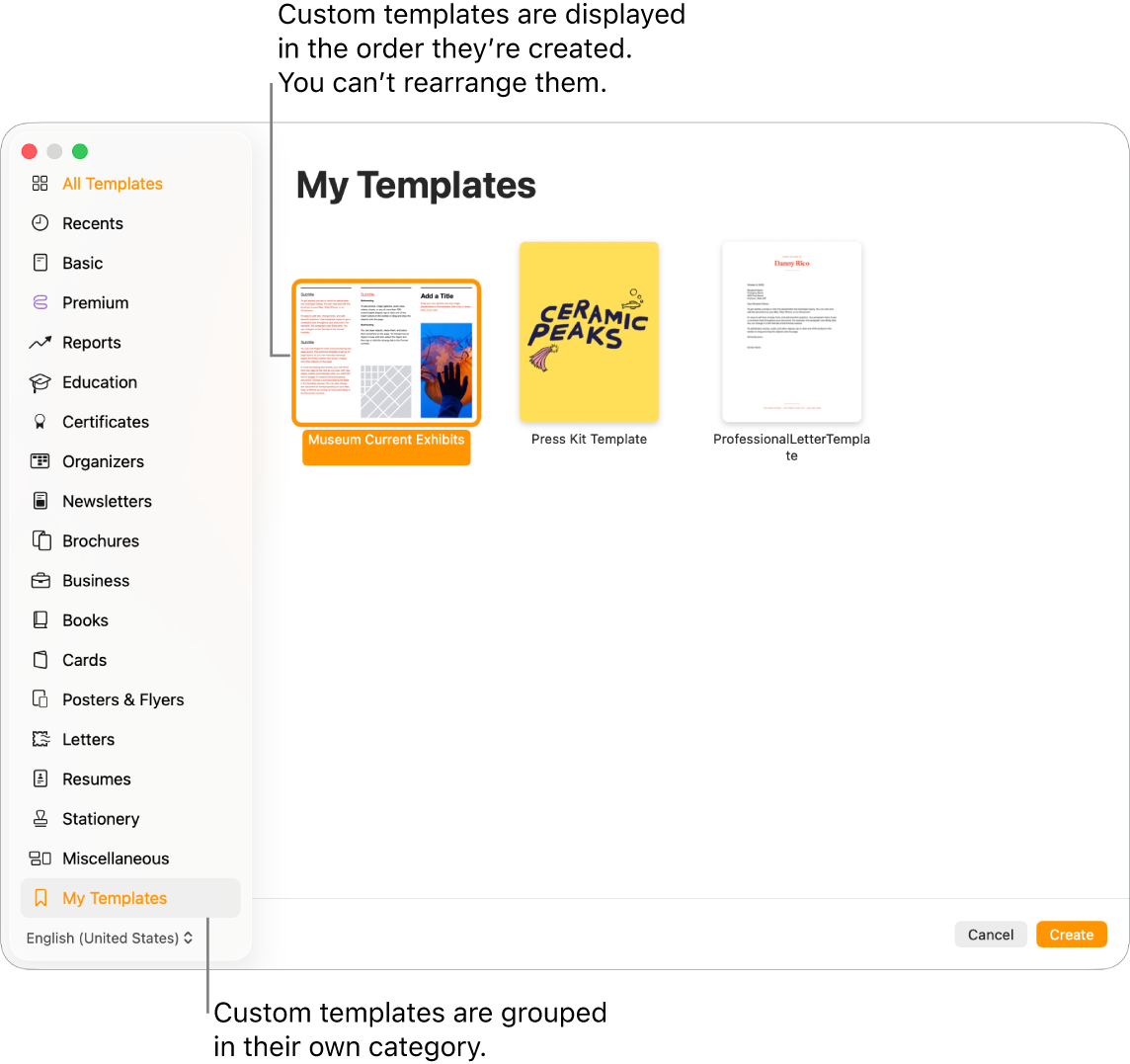 The template chooser with My Templates as the last category on the left. Custom templates are displayed in the order they’re created and can’t be rearranged.