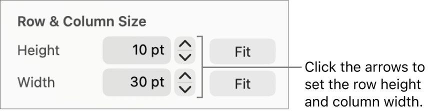 The controls for setting a precise row or column size.