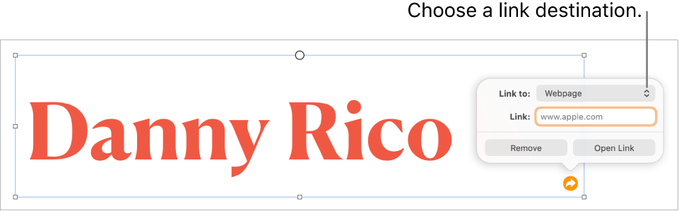 The link editor controls with Web Page selected and the Remove and Open Link buttons at the bottom.