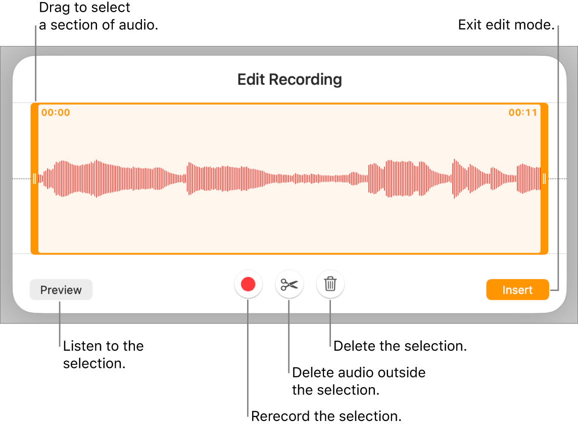 Controls for editing recorded audio. Handles indicate the selected section of the recording, and Preview, Record, Trim, Delete and Edit Mode buttons are below.