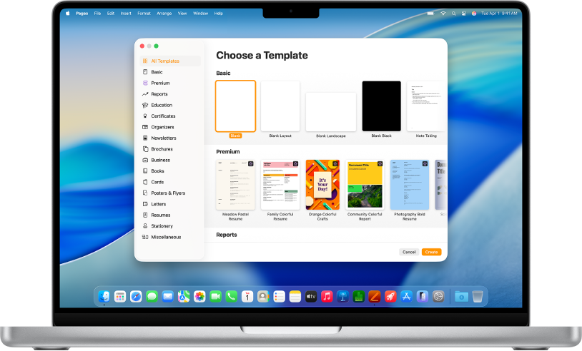 A MacBook Pro with the Pages template chooser open on the screen. The All Templates category is selected on the left and pre-designed templates appear on the right in rows by category.