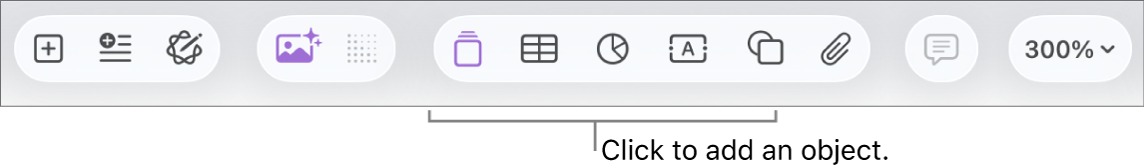 The toolbar with buttons for adding tables, charts, text, shapes, and media.