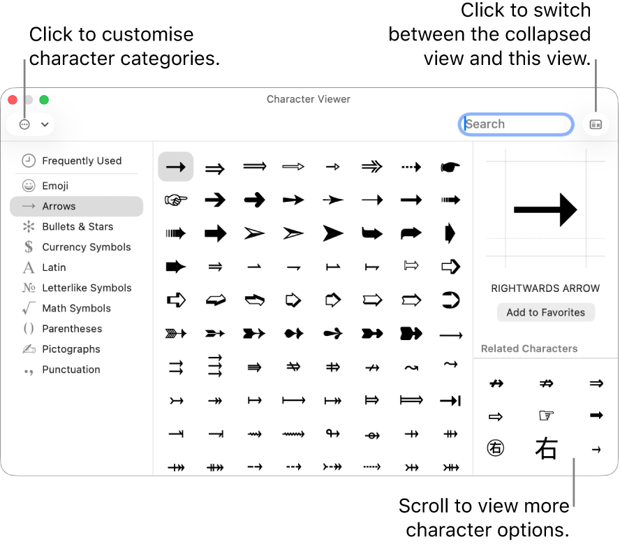 The expanded Character Viewer showing special characters and symbols, a menu for different categories of symbols on the left and a button in the top-right corner that allows you to return to the collapsed view.