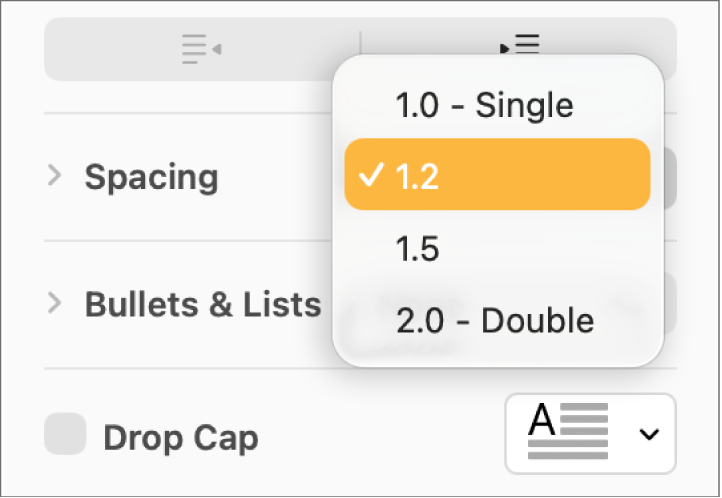 The Spacing pop-up menu with Single, Double and other options.