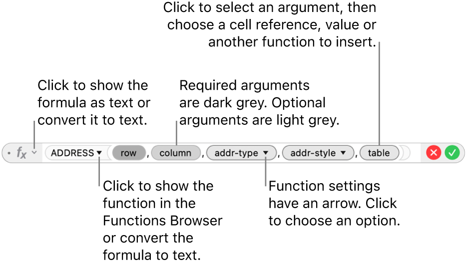 The Formula Editor showing the ADDRESS function and its argument tokens.