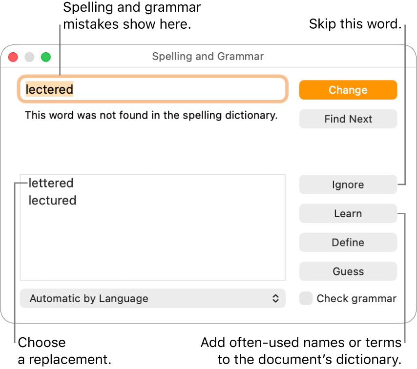 The Spelling and Grammar window.