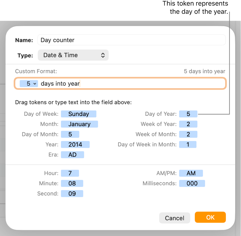 The custom cell format window with controls for choosing custom date and time formatting.