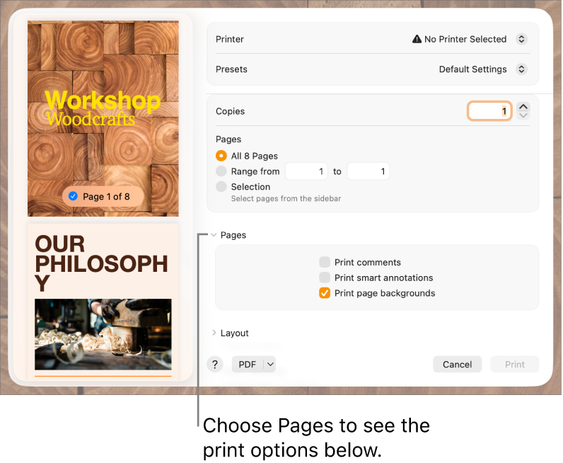 Print dialogue with controls for printer, presets, copies and page range. Pages is selected in the pop-up menu below the settings for page range, followed by tickboxes to print comments, print smart annotations and print page backgrounds.