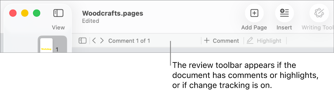 Pages toolbar at the top of the screen with buttons across the top for View, Zoom, Add Page, Insert, Table, Chart, Text, Shape, Media and Comment. Below the Pages toolbar is the review toolbar with hide or show comments button, arrows to go to previous or next comment, total number of comments, and add comment or highlight buttons.