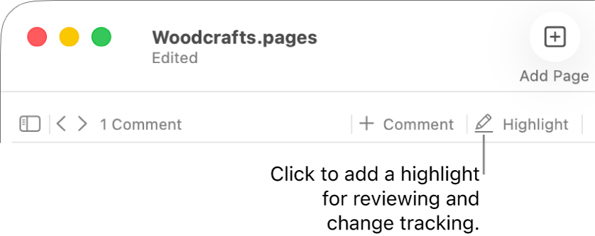 The menu bar showing the Insert menu and below it, the Pages toolbar with review tools showing and a callout to the Highlight button.