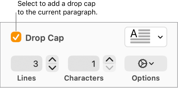 The Drop Cap tickbox is selected, and a pop-up menu appears to its right; controls for setting the line height, number of characters and other options appear below it.