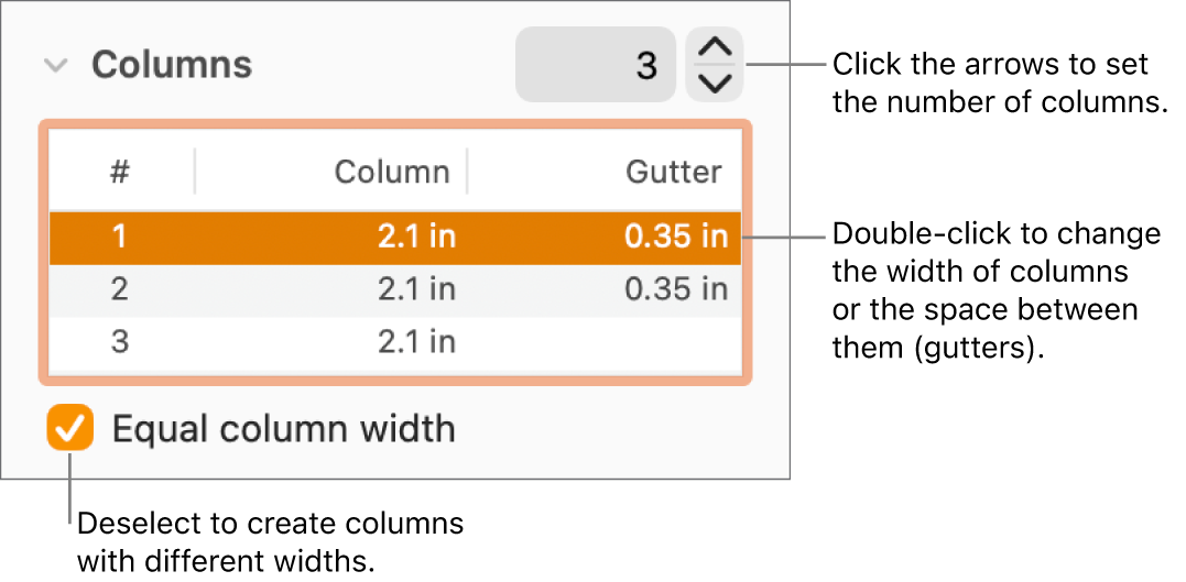 Layout pane of the Format inspector, showing columns controls.