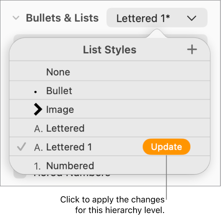The List Styles pop-up menu with an Update button next to the name of the new style.